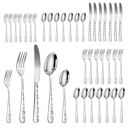 YUYTE Juego de Cubiertos de Acero Inoxidable de 40 Piezas con Patrón de Flores para 8: Cubiertos Elegantes, Incluye 8 Cuchillos, Tenedores, Cucharas, Tenedores de té y Cucharaditas (SILVER)