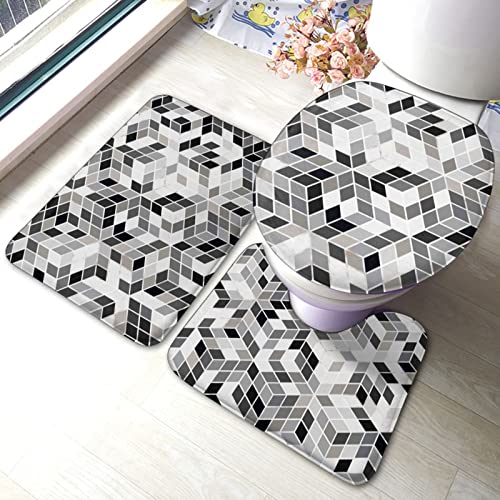 DIRYKILP Badematte + Konturmatte + Toilettendeckelbezug, abstraktes Kunstwürfelmuster 3 Stück Badematten Set, mit rutschfester Klebeunterseite