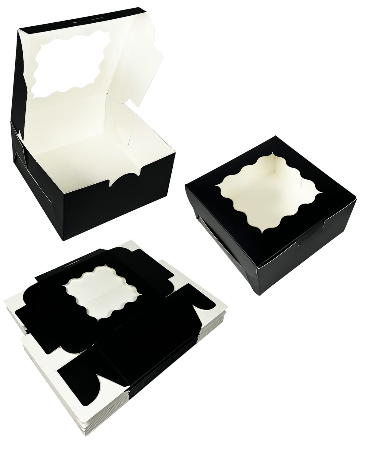 Lot de 100 boîtes de boulangerie noires avec fenêtre 15,2 x 15,2 x 7,6 cm épaisses et robustes pour macarons