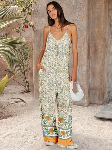 Image of ANRABESS Women Jumpsuits 2026 Casual Sleeveless Spaghetti Strap Boho Wide Leg Rompers Summer Outfits Beach Vacation Clothes