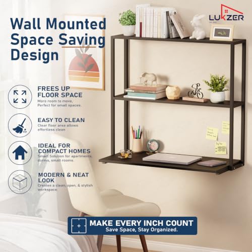 Image of Lukzer Wall Mounted Study Table with Multipurpose Storage Shelves (MMR-007 /Black & Black) Engineered Wood & Metal Frame, Space Saving Work Desk for Laptop, Bookshelf, Decor & Home Office (83x79x40 cm)