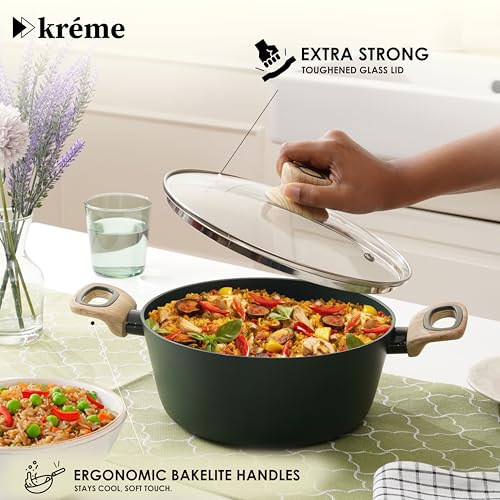 Image of Kreme Venetia Premium Series 6-Piece Granite Casseroles Cookware Set with Lid | Non-Stick Aluminium Cooking Pot | Granite Coating | Induction & Gas Stove Compatible | Healthy Low-Oil Cooking, Green