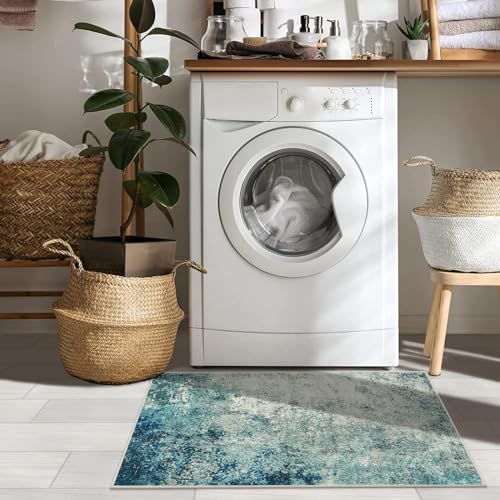 Lahome Modern Abstract Area Rug - Small 2x3 Washable Entryway Rugs Non-Slip Low Pile, Accent Throw Carpet for Kitchen Bath Mats Laundry Front Indoor Doormat,Blue/Grey