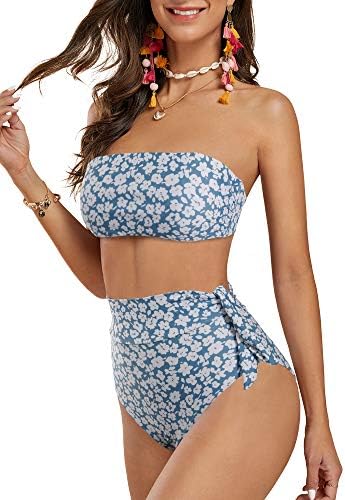 FERBIA Womens High Waisted Bikini Set Bandeau Strapless 2 Piece Bathing Suit Swimsuits Tie Wrap Swimwear