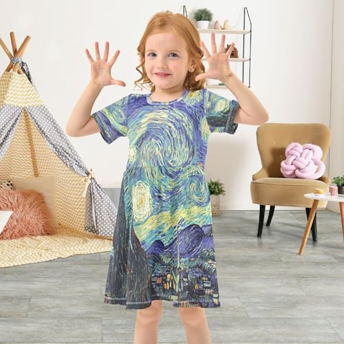 ALAZA Van Gogh's Starry Night Girls Dress Short Sleeve Toddler Casual Dresses Summer Sundress 2-8T4