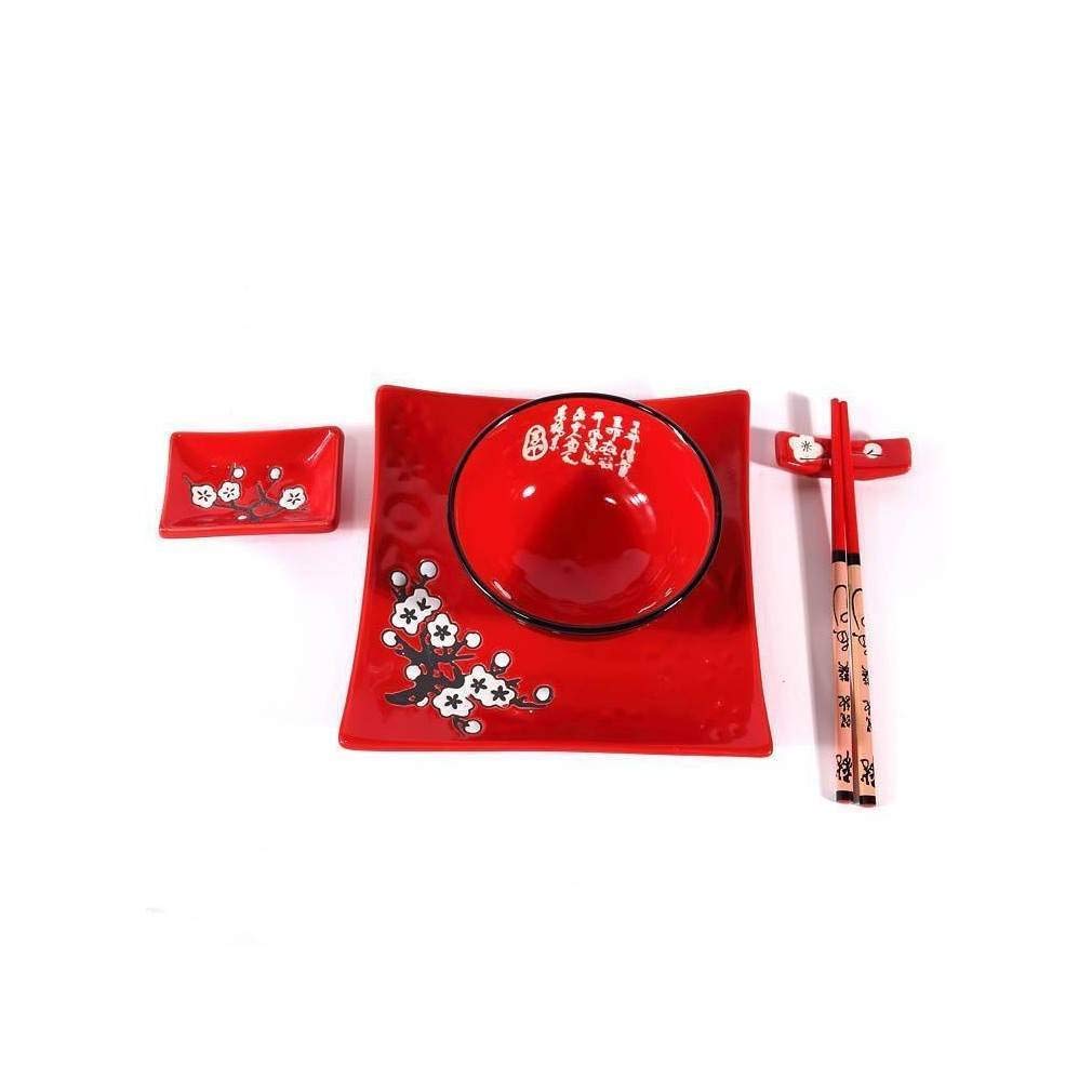 lachineuse - Service de Table Japonais Rouge - Vaisselle Japonaise Traditionnelle - Bols à Riz, Assiettes, Baguettes & Sauciers pour 2 Personnes - Cadeau Japon - Décoration de Table Asiatique