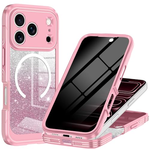 Casetego for iPhone 17 Pro Max Case Magnetic Compatible with MagSafe Built-in Privacy Screen Protector Slim Glitter Sparkle Full Shockproof Protective Girls Case for Apple iPhone 17 Pro Max All Pink