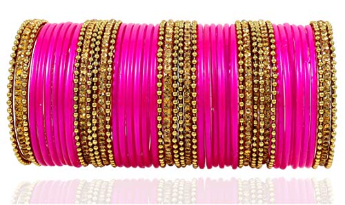 Image of NMII Glass With Zircon Gemstone Studded Worked and Ball Chain Or Plane Gloosy Finished Bangles Set For Women and Girls