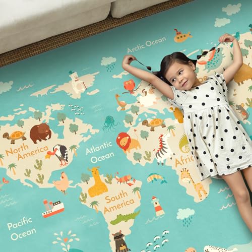 Image of Hazo Haus Washable Kids Playroom Rug - 5x7 Play Rug for Preschool Toddlers, Girls, Educational with Cute Animals - Non-Slip, Stain Resistant, Soft & Safe for Bedroom, Play Room and Classroom - Blue