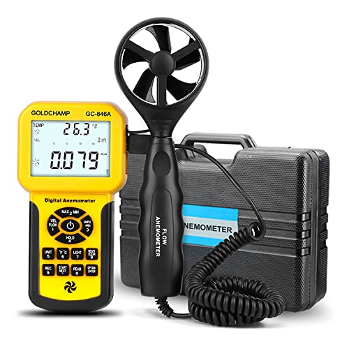 Professional Anemometer,GOLDCHAMP CFM Wind Speed Meter Datalogger 0.3-45m/s Wind Gauges with Wind Flow Temperature Measurement MAX/MIN/AVG Value, Data Record