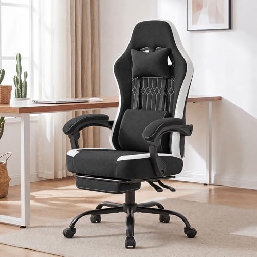 Image of Computer Gaming Chair - High Back Ergonomic Desk Chair with Footrest and Lumbar Support, Height Adjustable Task Chair with Linkage Armrests and Headrest, 360 Swivel Wheels, Black