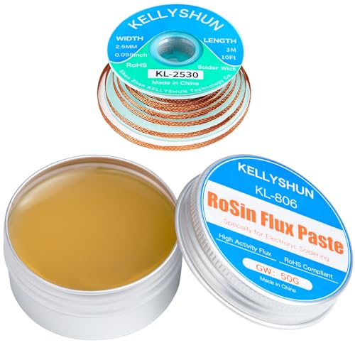 KELLYSHUN KL-806 Flussante Senza Piombo, 50g Flussante al Rosin ad Alta Attività (1 pezzo), Treccia Dissaldante 2.5MM/3M (1 pezzo), Per PCB, IC, SMD, DIY, Riparazioni di Fili e Elettrodomestici