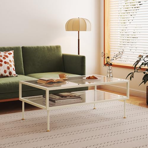 [en.casa] Table Basse de Salon Stylée au Design Moderne avec Tablette Inférieure Rangement Supplémentaire Plateau Rectangulaire Stable Acier Verre Strié...