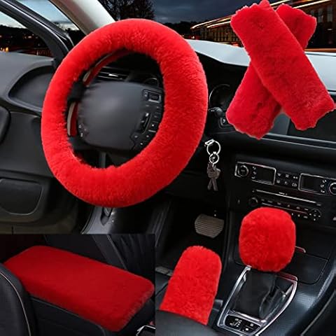 SPANICE 6pcs in 1 Set Fluffy Faux Wool Steering Wheel Cover & Soft Handbrake Cover & Gear Shift Cover & 2pcs Seat Belt Shoulder Pads & Center Console Cover Warm Universal Fit (Red01) Cover