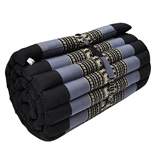 Thaiboo Thaikissen Kapok Bodenkissen Dreieckskissen Nackenkissen Liegematte Sitzkissen Lounge ***blau-grau schwarz mit Elefanten*** (Rollmatte schmal...