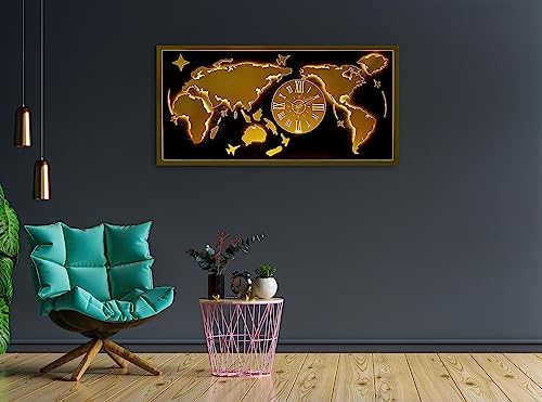 Image of METSY Metal Laser Cut (World Map with Analogue Clock) with LED Strip Lighting | World Clock Map for Wall |(Golden World map) (4x2) feet | Metal Wall Art | Wall Decor Items