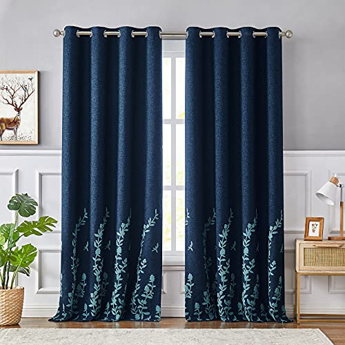 Melodieux Flower Embroidery Linen Textured Curtains for Living Room Bedroom Blackout Grommet Window Drape, Navy/Blue