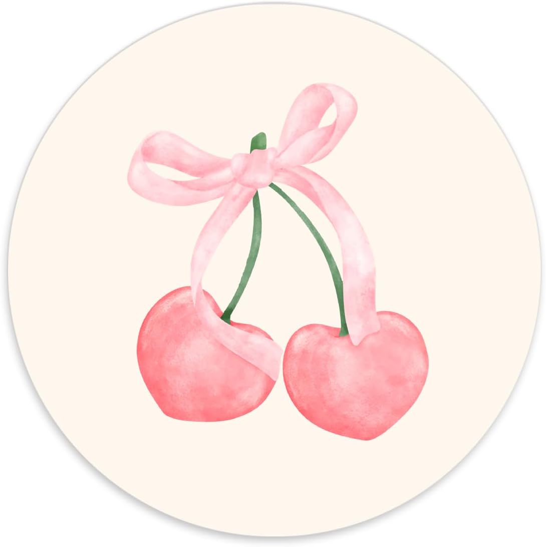 Pink Bow Preppy Mouse Pad, Coquette Bow Cherry Round Mouse Pads for Desk, Girly Mouse Pad, Girly Desk Accessories, Pink Office Supplies and Accessories, 8.7×8.7 Inches