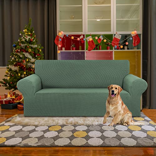 KEKUOU Stretch Loveseat Sofa Cover Slipcover,Couch Covers for 2 Cushion Couch Sofa (55"-78") Furniture Protector Sofa with Elastic Bottom for Kid,Dog. Jacquard Small Checked (Medium,Greyish Green)