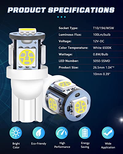 Alopee 30-Pack 194 Led Bulb White 6500K, Wedge T10 Led Bulb 5Smd 5050 Chips, 168 Led Bulb, 921 2825 Led Bulb W5W 158 501 Led Lights For Car Interior Dome Map Door Light License Plate Light Dc 12V #TOP2