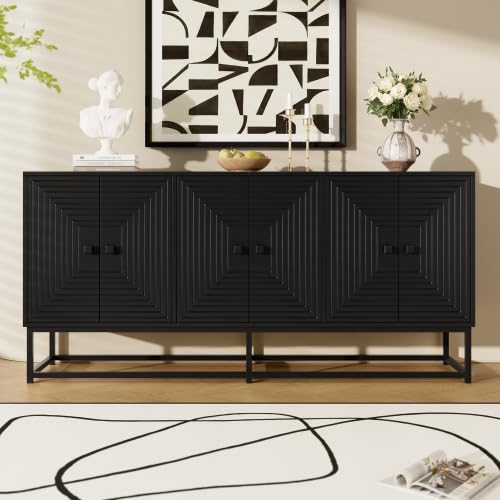 vutizal Sideboard Schwarz Matt 160cm, Aufbewahrungsschrank Modern mit Relief-Design, 3-türige Kommode offen für Wohnzimmer Arbeitszimmer, 160x38x75.5 cm