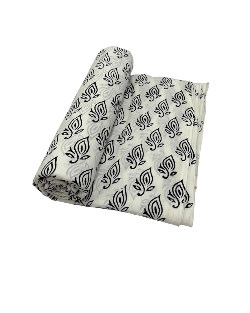 Bhamo Dabu Print Pure Cotton Fabric | Hand Block Printed Unstitched Cotton Fabric Material for Kurti Dress Shirt Tunic Co-Ord Set Sewing & DIY Craft | Soft Breathable Cotton Cloth (White, 5 Meter)-image-46
