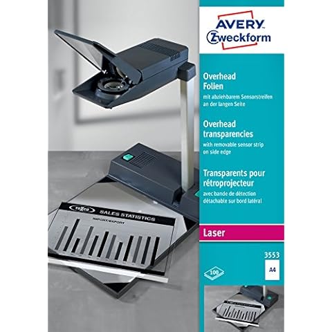 AVERY Zweckform 3553 Overhead-Folien für S/W Laserdrucker und -Kopierer (100 Transparentfolien, A4, spezialbeschichtet, stapelverarbeitbar, abziehbarer Sensorstreifen lange Seite, Folienstärke 0,10mm) Cover