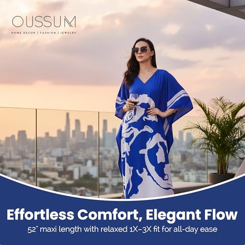 Image of Oussum Women Plus Size Dresses Kimono Caftan Maxi Dress Floral Polyester Long Mumu House Beach Cover Up 1X-3X Summer Wear