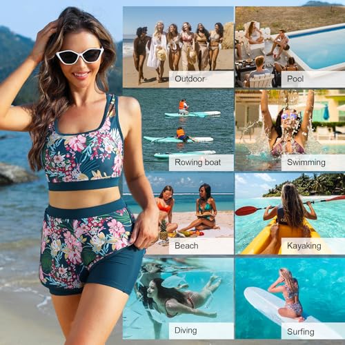 Jasambac Women'S Upf 50+ Rash Guard Long Sleeve 3 Piece Zip Up Swimsuit Uv/Sun Protection Swim Shirts Built In Bra Floral Athletic Swim Wear Pink Flower L thumb #4