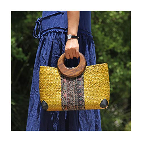 Women Summer Retro Straw Bag with Printing Pattern Hand-woven Beach Handbag Top Round Handle Boho Tote Bag Shopping Travel Large Bag (Yellow 2)2