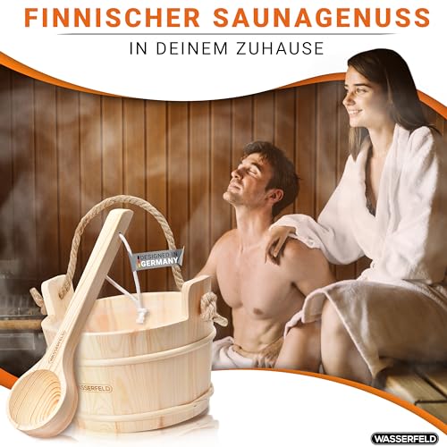 WASSERFELD® Sauna Eimer Set (4 Liter) - Hochwertiger Sauna Eimer mit Kelle - Hitzebeständiger Saunakübel 4L inkl. Einsatz & Hanftrageseil