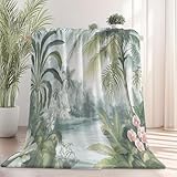 Kuscheldecke 150 x 200 cm Sherpa Fleece Decke Tropische Pflanzen Palmen Fluss Wohndecke Weiche Leichte Dicke Decke als Sofadecke Couchdecke Überwürfe Kinder Jungen Mädchen, Grün
