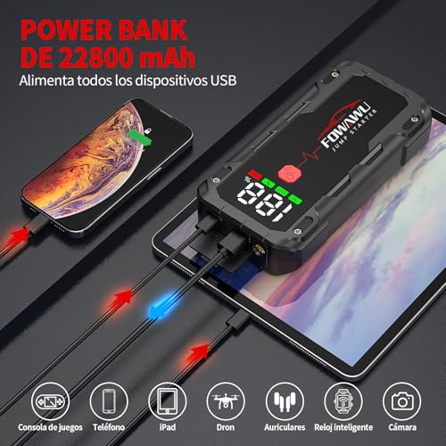 FOWAWU 6000A Arrancador de Baterias de Coche, 22800mAh 12V Earrancador de Coches Portatil(para 10L de Gasolina o 8L de Diésel) con Clip Inteligente,Linterna LED, 5 * 3.5CM Pantalla Grande, QC 3.0 - imagen 3