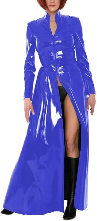Gothic Long Sleeve Long Trench PVC Coats Women Faux Latex Coats Slim Fit Trench Stage Apparel