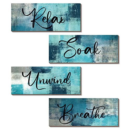 Maitys 4 Pcs Bathroom Wall Decor 10 x 4 Inch Bathroom Wall Art Contemporary Wood Restroom Pictures for Soak Unwind Relax Hanging Sign Spa Rustic Vintage Farmhouse Pediments(Turquoise and Grey)