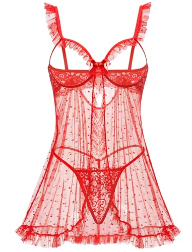 Avidlove Sexy Polka Dots Mesh Sheer Lace Babydoll Open Front Ruffle Chemise Cut Out Nightgown Lingerie Dress With Thong XS-XXL Red Small — view 2