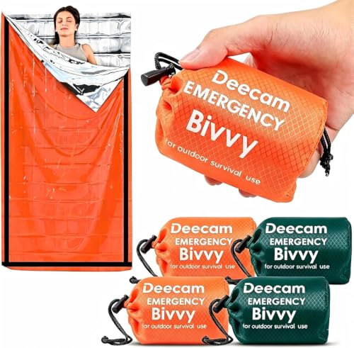 Deecam Saco de Dormir Emergencia, Manta termica Supervivencia，Mantas Termica de Aluminio,Supervivencia Bivy para Vivac,Manta Camping Dormir，Cámping, Excursionismo, Trekking（2 Naranjas y 2 Verdes）