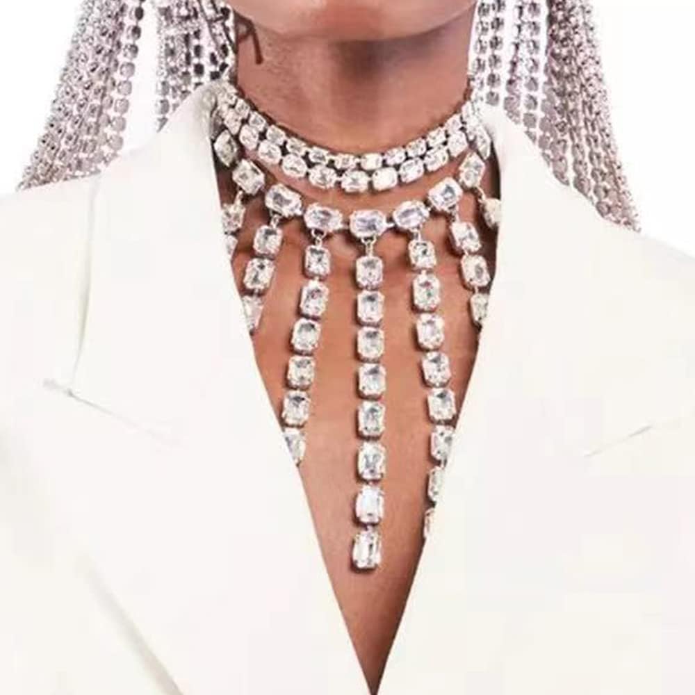 YERTTER Sparkle Silver Full Fringe Crystal Tassel Chain Exaggrated Collar Luxury Tassel Rhinestone Statement Clavicle Choker Necklace for Wedding Party Music Bar Women (Silver 5) - Image 6