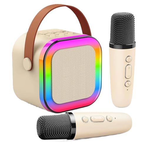 Karaoke con 2 micrófonos inalámbricos. Máquina de Karaoke Bluetooth portátil con Altavoz y Luces LED. Mini Altavoz Karaoke Infantil Regalo para niños y Adultos