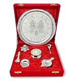 NOBILITY Pooja Thali Set Silver Plated with Red Gift Box Designed Puja Plate 22 CM Bowl Ghanti...