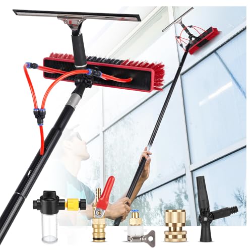 Kit de cepillo de limpieza de ventanas con poste de 9 m, cepillo alimentado por agua, dispensador de jabón y manguera de 20 m, ideal para paneles solares, limpiador de aluminio de 55 cm