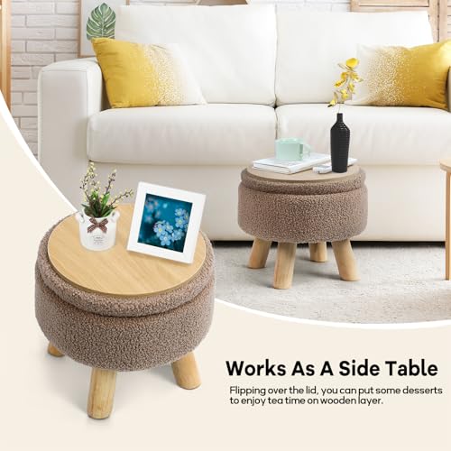 OGEMXU Ottoman Foot Rest, Small Round Ottoman with Storage, Boucle Teddy Velvet FootStool with Wood Legs. (Camel Brown) - Image 5