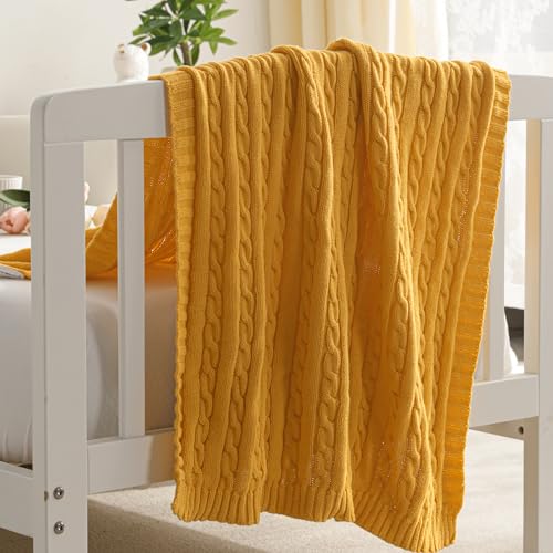 Image of NTBAY 100% Pure Cotton Cable Knit Toddler Blanket, Super Soft Warm Breathable 30x40 Baby Blanket for Crib, Stroller, Nursery, Travel, Newborn, 30x40 Inches, Turmeric