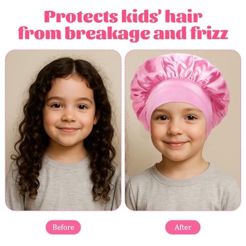 2 PCS Kids Bonnet Baby Satin Bonnet, Silk Satin Bonnets for Kids Sleeping Cap Curly Hair Wrap Elastic Wide Band Bonnets Sleep Cap for Child Toddler4