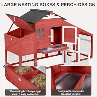 Aivituvin Chicken Coop 65" Wooden Hen House with Large Nesting Box, Outdoor Poultry Cage with Removable Tray,Warerproof Panel Roof (Red)