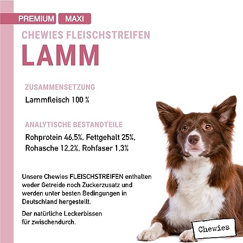 Chewies Fleischstreifen Maxi aus 100% Lamm - 150 g - Fleischstreifen für Hunde - getrocknete Lammfleisch Kaustreifen - hypoallergen & getreidefrei - Dörrfleisch vom Lamm