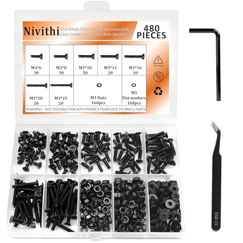 Nivithi M3皿頭ソケットキャップネジ M3X6/8/10/12/16/20/25mm 六角穴付きボルト 10.9グレード合金鋼 ナットセット