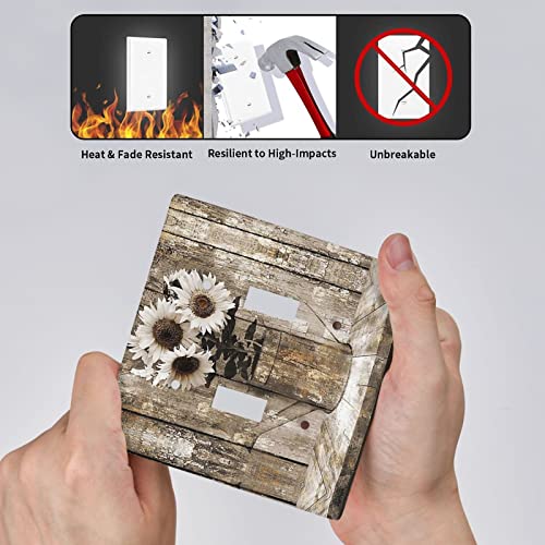 Rustic Vintage Farmhouse Wood Sunflower Light Switch Cover Plate Decorative Double Toggle Switch Plate 2 Gang Wall Plate Outlet Cover For Kitchen Bedroom Bathroom Standard Size 4.5 X 4.5 Inch #TOP4