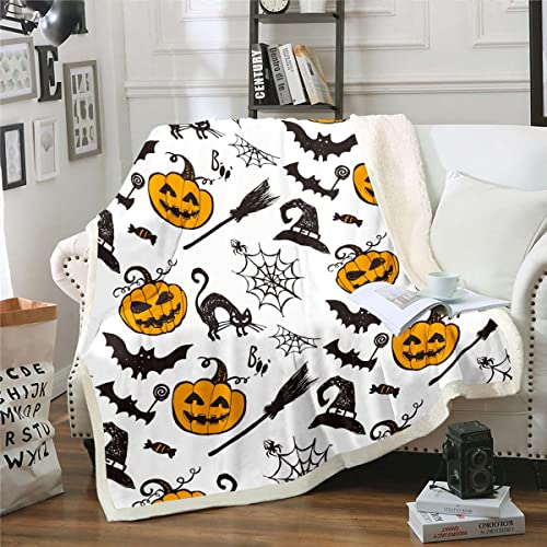 Halloween Theme Travel Blanket Cute Pumpkin Lantern Fleece Blanket Black Cat Blanket Queen Size Horror Spider Bat Throw Blanket For Bed Cartoon Animal Fuzzy Blanket Children Kids Room Decor #TOP16