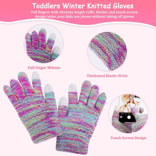 Kids Winter Hat Scarf Gloves Set, Toddler Beanie with Double Pom Pom Fleece Lined, Touch Screen Mitten for Girls Boys 5